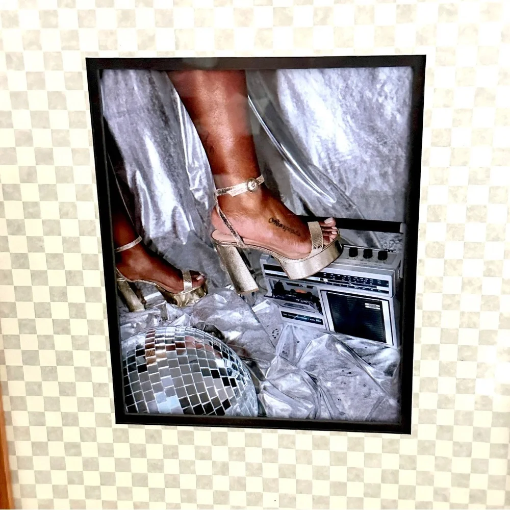 Hot Girl Disco Ball Boombox Dancing Checker Matted Wood Framed Canvas Print Art